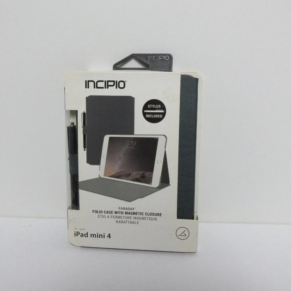 Incipio Faraday Navy Leather Case i pad mini 4 Gray Magnetic Closure W/Stylus